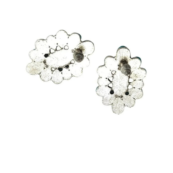 Faux Blue Turquoise Oval Cluster Post Earrings Post Closure Silver Tone Vintage - Picture 3 of 4